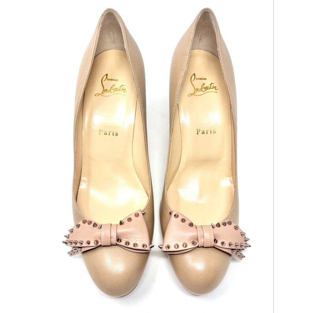 Christian Louboutin Ballalarina Studded Bow Nude Leather Pumps Heels 39